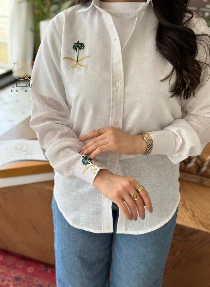 أرام aram قميص اليوم الوطني السعودي قماش كتان لنن بتطريز شعار سيفين ونخلة - Image 1