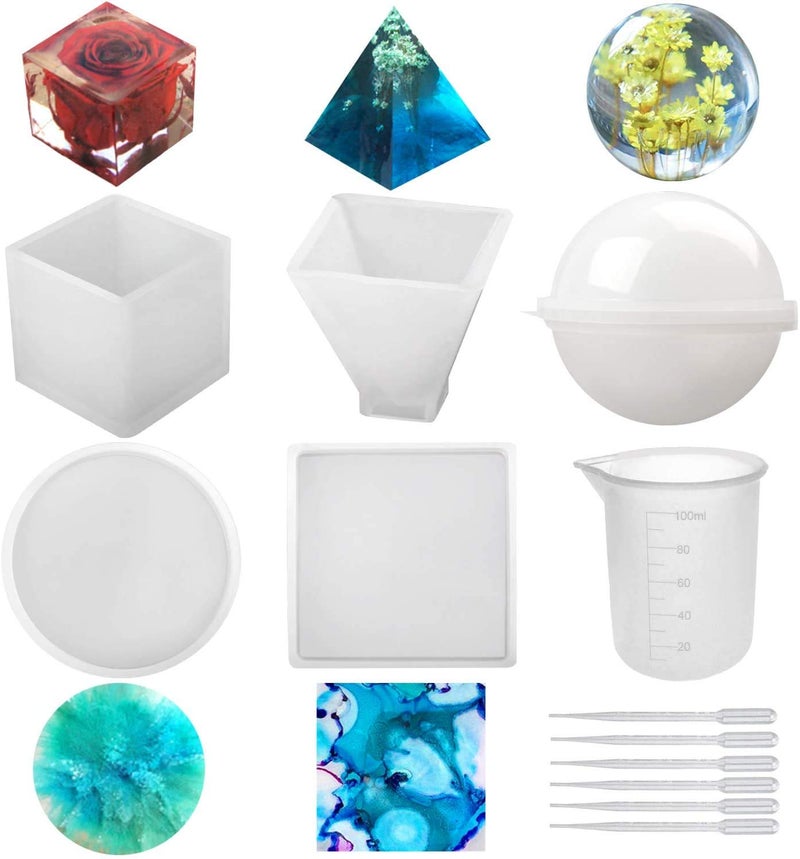 Repinsta Silicone Resin Molds 5Pcs Resin Casting Molds Including Sphere, Cube, Pyramid, Square, Round with 1 Measuring Cup & 5 Plastic Transfer Pipettes for Resin Epoxy, Candle Wax, Soap, Bowl Mat etc - Image 1