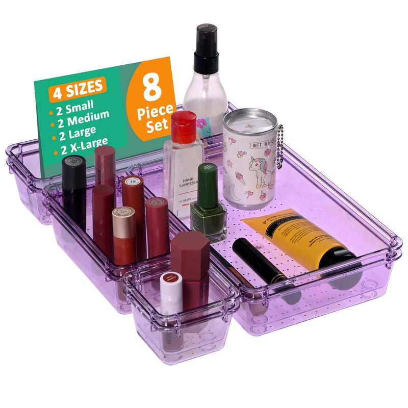 Kuber Industries Kuber Industries 8 Pcs Acrylic Transparent Cosmetic Organizer Tray | Drawers Organisers for Kitchen, Office and Bathroom Vanity Makeup | Stationery Storage Drawer Divider Tray | Purple  - Image 1