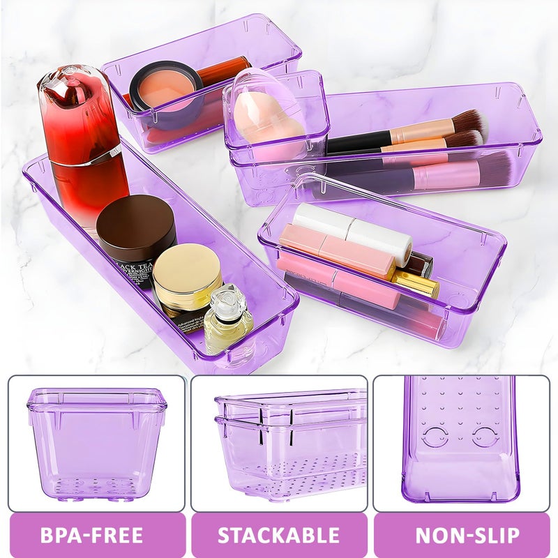 Kuber Industries Kuber Industries 8 Pcs Acrylic Transparent Cosmetic Organizer Tray | Drawers Organisers for Kitchen, Office and Bathroom Vanity Makeup | Stationery Storage Drawer Divider Tray | Purple  - Image 5