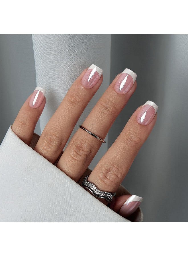 BTArtbox أظافر ملصوقة قصيرة بيضاء طرف فرنسي أظافر ملصوقة مربعة مزينة بالكروم أظافر لاصقة للهدايا قابلة لإعادة الاستخدام ملصوقة بأحجام 15 مجموعة أظافر مزيفة جيل ناعم 30 كن أنيقاً - Image 2