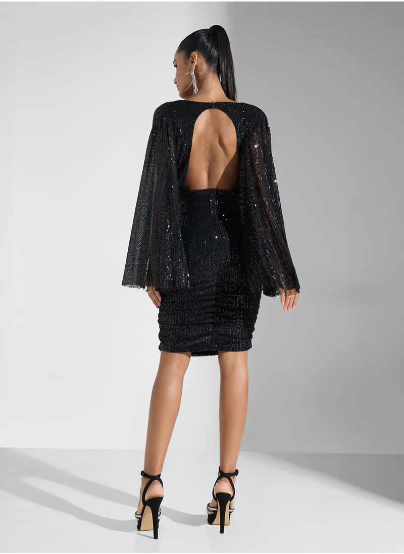 Ginger Boutique Sequin Embellished Dress With Exaggerated Sleeves