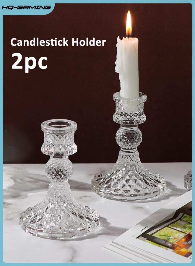 HQ-GAMING Taper Candle Holders Set of 2, Clear Glass Candlestick Holder Fit 0.8 Inch Candles, 4 Inch Tall Crystal Decorative Candle Stand Centerpiece for Table Wedding Dinning Party - Image 1
