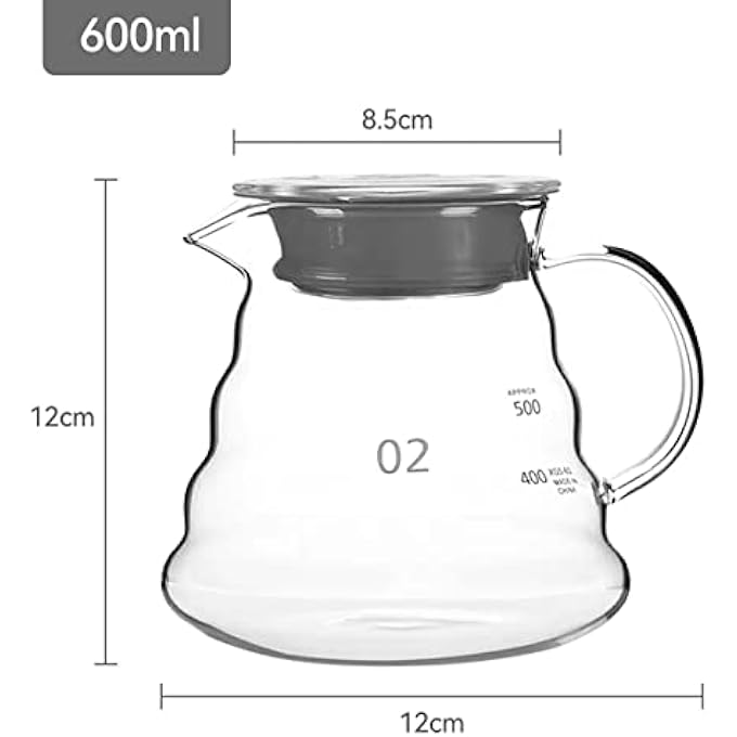 ريحني V60 Glass Coffee Server، 600 مل، 20 أونصة، إبريق قهوة شفاف بالتنقيط، صب فوق إبريق القهوة مع غطاء 02 لسعة 25 كوبا - Image 3
