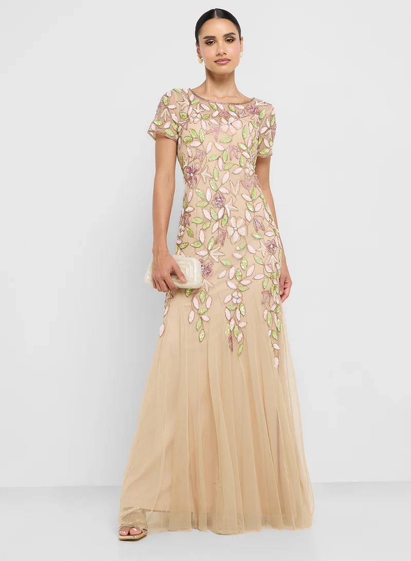 Adrianna Papell Vine Bead Mesh Long Dress