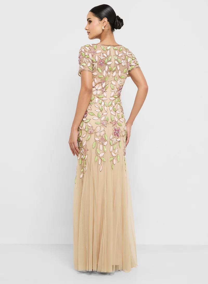 Adrianna Papell Vine Bead Mesh Long Dress