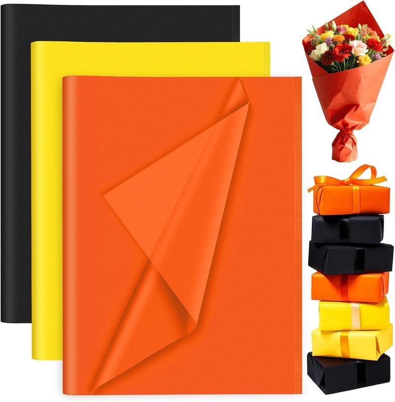 PLULON 60 Sheets Halloween Black Orange Yellow Tissue Paper Bulks, Gift Wrap Tissue Paper Sheets for Packaging Birthday Gift Wrapping Birthday Wedding Construction Decorations - Image 1