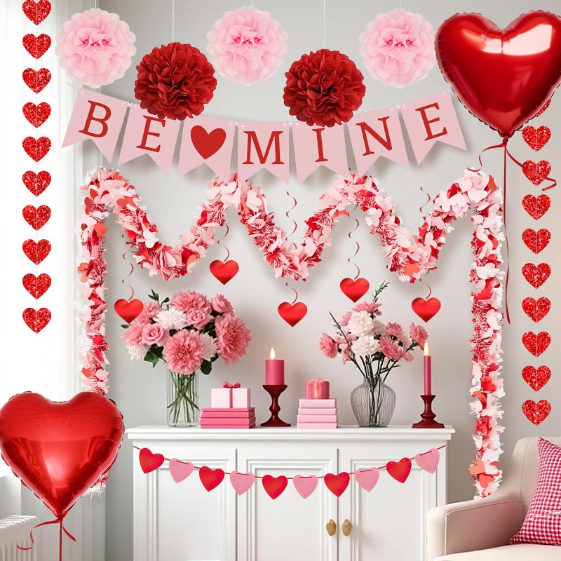 AobkDeco Valentines Day Decorations Set-Assembled Hanging Heart Swirlsï¼ŒBE Mine Bannerï¼ŒHeart Tinsel Garlandï¼ŒLove Heart balloon for Anniversary Wedding Romantic Valentine Party supplies - Image 1