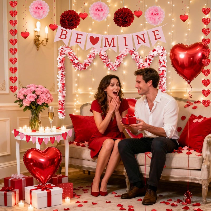 AobkDeco Valentines Day Decorations Set-Assembled Hanging Heart Swirlsï¼ŒBE Mine Bannerï¼ŒHeart Tinsel Garlandï¼ŒLove Heart balloon for Anniversary Wedding Romantic Valentine Party supplies - Image 3