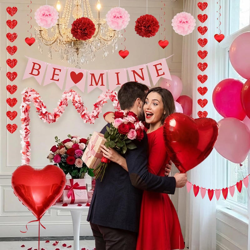 AobkDeco Valentines Day Decorations Set-Assembled Hanging Heart Swirlsï¼ŒBE Mine Bannerï¼ŒHeart Tinsel Garlandï¼ŒLove Heart balloon for Anniversary Wedding Romantic Valentine Party supplies - Image 4