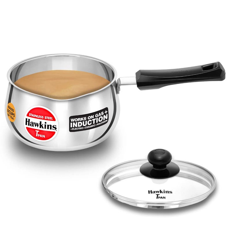 Hawkins 2 Litre Tpan, Stainless Steel Tea Pan with Glass Lid, Induction Sauce Pan, Chai Pan, Saucepan, Silver - Image 1