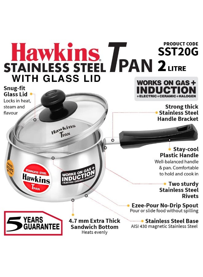 Hawkins 2 Litre Tpan, Stainless Steel Tea Pan with Glass Lid, Induction Sauce Pan, Chai Pan, Saucepan, Silver - Image 2