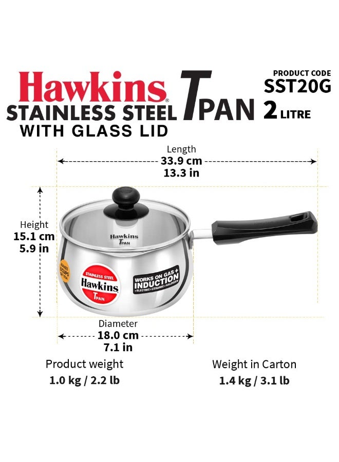 Hawkins 2 Litre Tpan, Stainless Steel Tea Pan with Glass Lid, Induction Sauce Pan, Chai Pan, Saucepan, Silver - Image 3