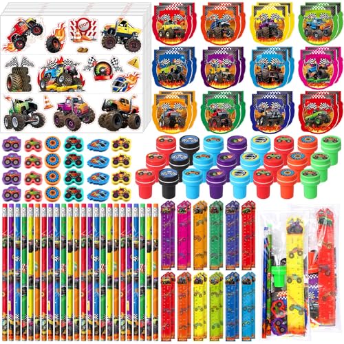 Cholemy 144 Pcs Monster Truck Party Favors Truck Party Supplies School Stationery Set Notebook Sticker Stamper Eraser Ruler Pencil Bag for Birthday Baby Shower Gifts Classroom Prize(Colorful,Monster) - Image 1