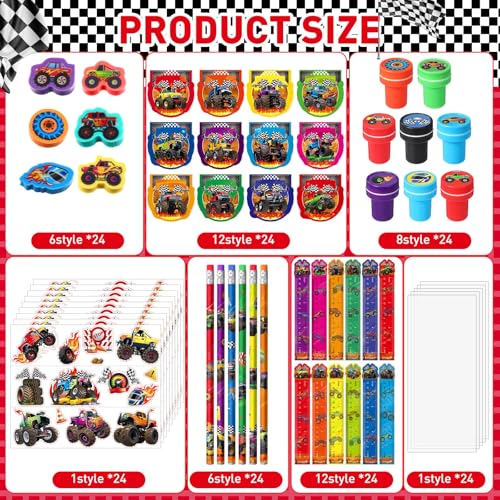 Cholemy 144 Pcs Monster Truck Party Favors Truck Party Supplies School Stationery Set Notebook Sticker Stamper Eraser Ruler Pencil Bag for Birthday Baby Shower Gifts Classroom Prize(Colorful,Monster) - Image 3