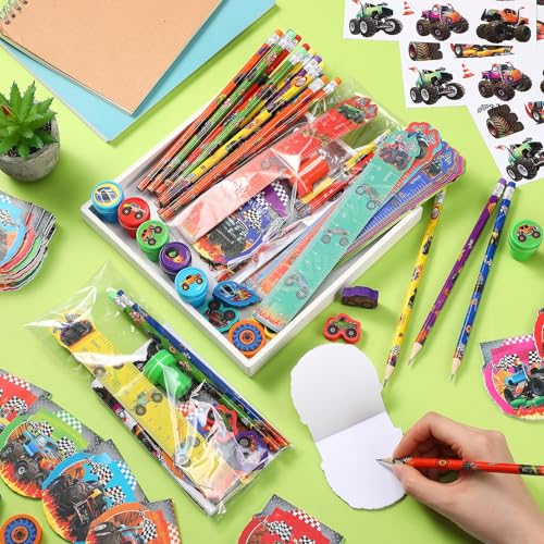 Cholemy 144 Pcs Monster Truck Party Favors Truck Party Supplies School Stationery Set Notebook Sticker Stamper Eraser Ruler Pencil Bag for Birthday Baby Shower Gifts Classroom Prize(Colorful,Monster) - Image 4