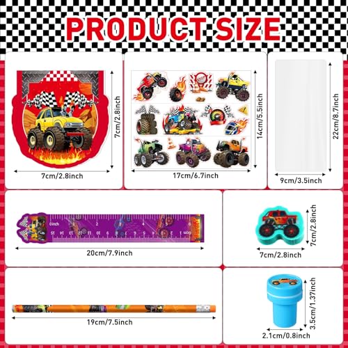 Cholemy 144 Pcs Monster Truck Party Favors Truck Party Supplies School Stationery Set Notebook Sticker Stamper Eraser Ruler Pencil Bag for Birthday Baby Shower Gifts Classroom Prize(Colorful,Monster) - Image 2