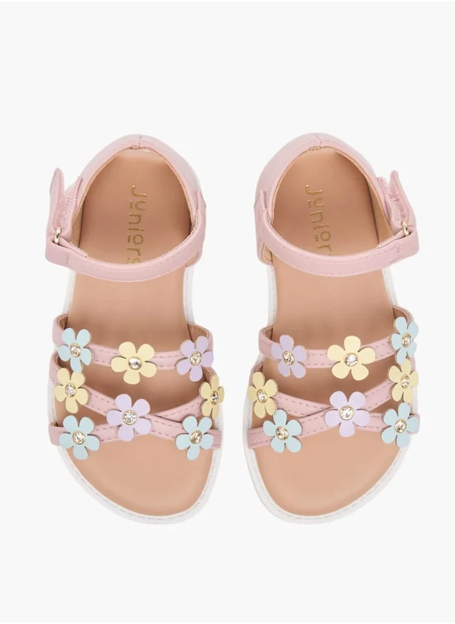 جونيورز Girls Floral Accent Sandals With Hook And Loop Closure