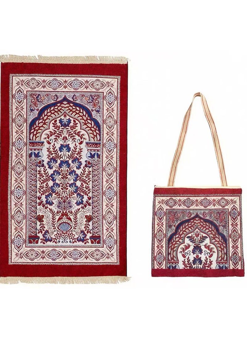 سجاد الصلاة الإسلامي مع حقيبة حمل - تصميم أنيق - سجادة صلاة كبيرة سميكة خفيفة الوزن من البوليستر، سجاد الصلاة للرجال والنساء بمقاس ٧٠×١٢٠ سم - اللون الأحمر - Image 1