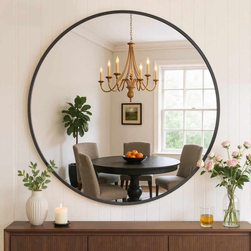 Atilioo Bathroom Mirror for Wall, 20 Inch Round Mirror, Matte Black Metal Framed Circle Vanity Mirror for Bathroom Bedroom Living Room Entryway, Anti-Rust, Tempered Glass, Hanging or Leaning - Image 1