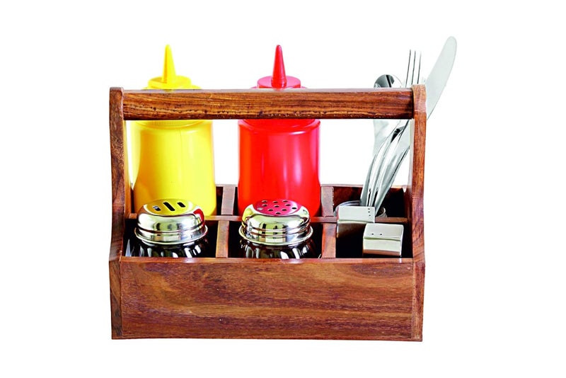 THW THW Wooden Caddy Crate with handle and 6 Compartments for Sauce Bottles Kitchen Cutlery Condiments Utensil Rack Holder Organizer Divider Caddy Tableware Tabletop Holder - Image 2