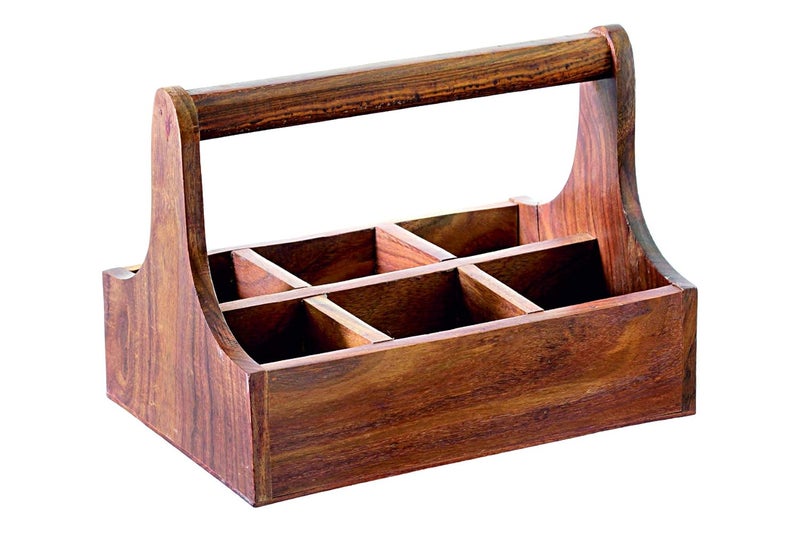 THW THW Wooden Caddy Crate with handle and 6 Compartments for Sauce Bottles Kitchen Cutlery Condiments Utensil Rack Holder Organizer Divider Caddy Tableware Tabletop Holder - Image 1