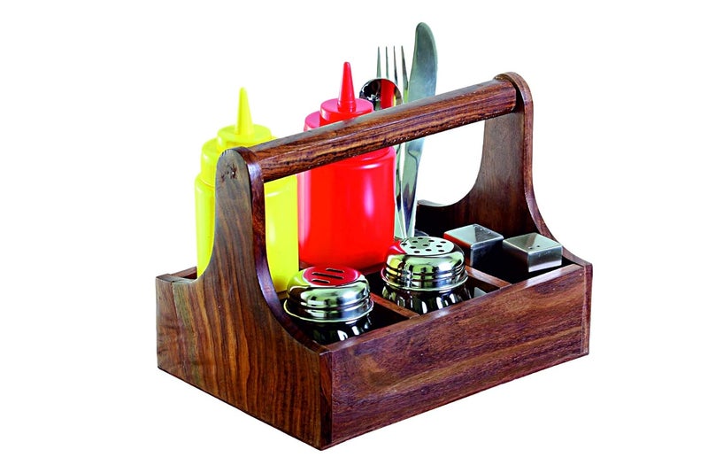 THW THW Wooden Caddy Crate with handle and 6 Compartments for Sauce Bottles Kitchen Cutlery Condiments Utensil Rack Holder Organizer Divider Caddy Tableware Tabletop Holder - Image 5