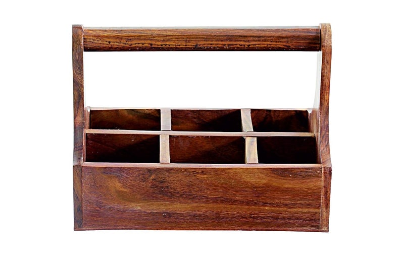 THW THW Wooden Caddy Crate with handle and 6 Compartments for Sauce Bottles Kitchen Cutlery Condiments Utensil Rack Holder Organizer Divider Caddy Tableware Tabletop Holder - Image 3