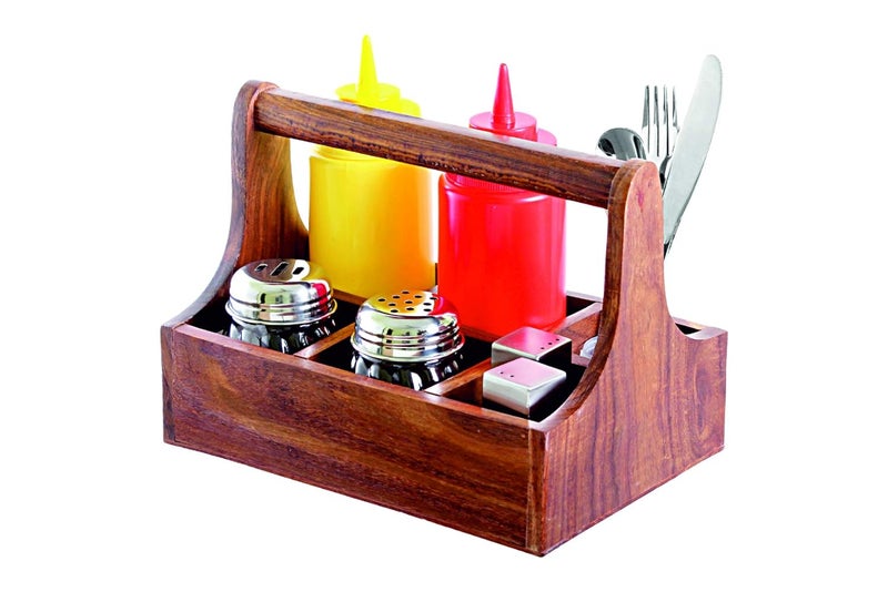 THW THW Wooden Caddy Crate with handle and 6 Compartments for Sauce Bottles Kitchen Cutlery Condiments Utensil Rack Holder Organizer Divider Caddy Tableware Tabletop Holder - Image 4
