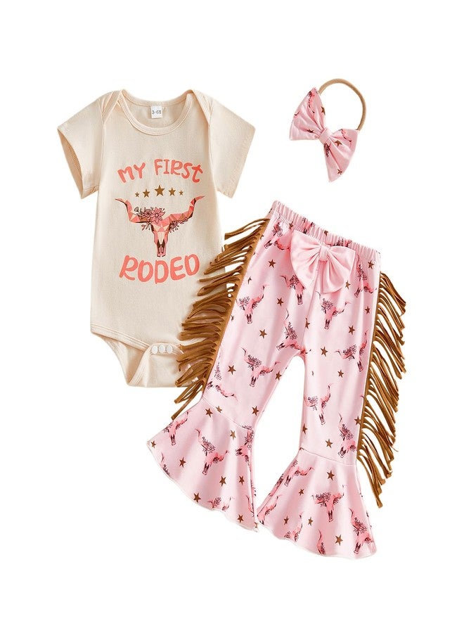 MERSARIPHY Baby Girl Bell Bottom Outfit Infant Newborn Western Summer Clothes Ribbed Knit Ruffle Romper Tops Flare Pant Set (Pink RODEO, 12-18 Months) - Image 1
