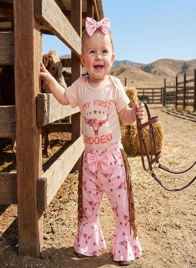 MERSARIPHY Baby Girl Bell Bottom Outfit Infant Newborn Western Summer Clothes Ribbed Knit Ruffle Romper Tops Flare Pant Set (Pink RODEO, 12-18 Months) - Image 2