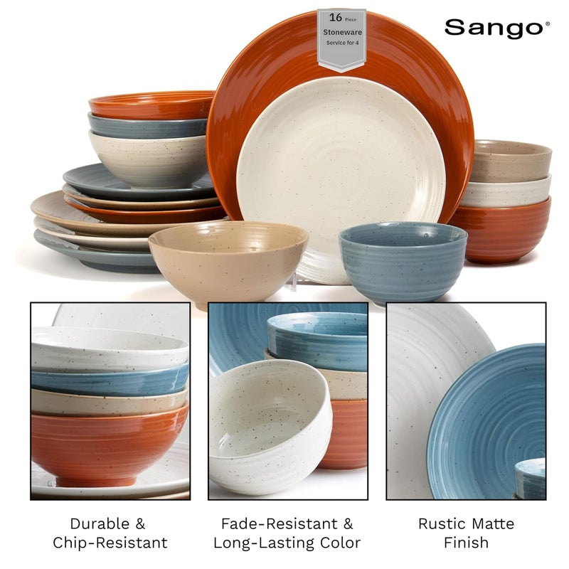 Sango Siterra Painter's Palette 16-Piece Stoneware Dinnerware Set - Service for 4, Ceramic Plates and Bowls Sets, Chip Resistant, Rustic Dishware, Microwave & Dishwasher Safe Kitchen Dishes - Image 3
