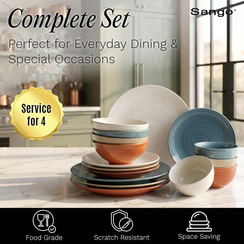 Sango Siterra Painter's Palette 16-Piece Stoneware Dinnerware Set - Service for 4, Ceramic Plates and Bowls Sets, Chip Resistant, Rustic Dishware, Microwave & Dishwasher Safe Kitchen Dishes - Image 5