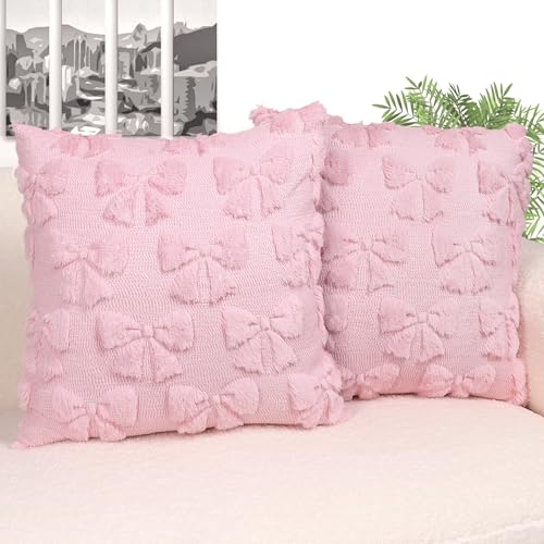 Hongsome Coquette Room DecorBow Throw Pillow Covers 18x18in Set of 2Pink Soft Plush Faux Fur Pillow Case with Bows for Large Couch Sofa Home Indoor Outdoor Holiday Decorations - Image 1