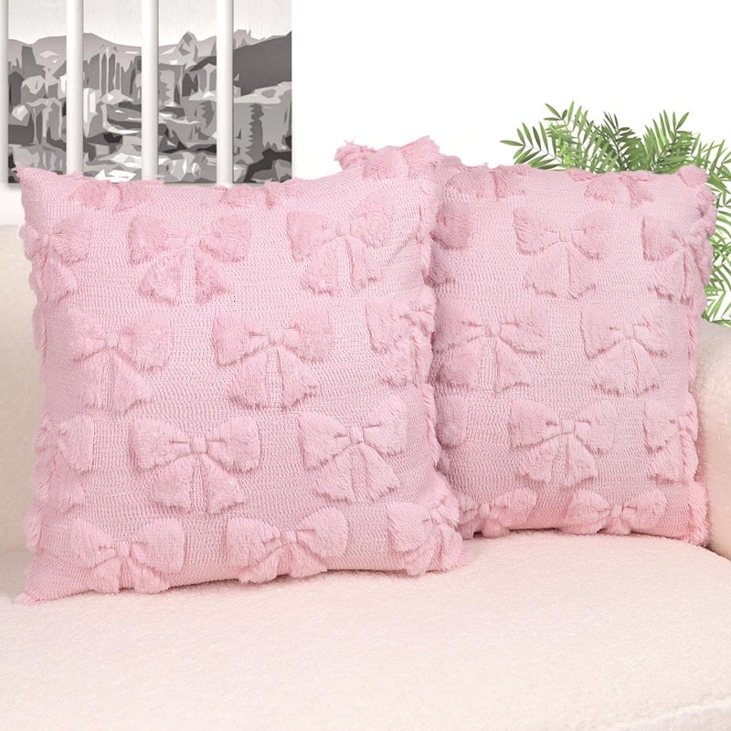 Hongsome Coquette Room DecorBow Throw Pillow Covers 18x18in Set of 2Pink Soft Plush Faux Fur Pillow Case with Bows for Large Couch Sofa Home Indoor Outdoor Holiday Decorations - Image 2
