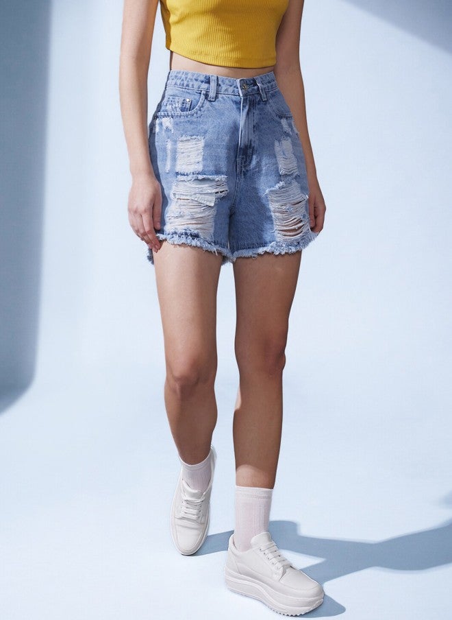 STREET 9 High-Rise Blue Denim Shorts for Women - Image 1