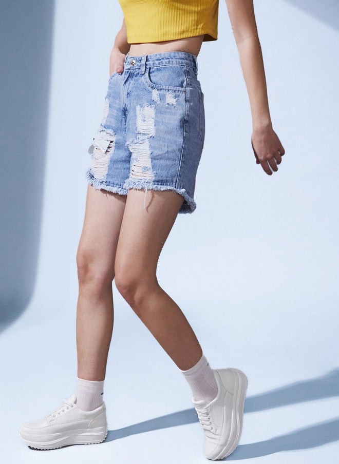 STREET 9 High-Rise Blue Denim Shorts for Women - Image 2
