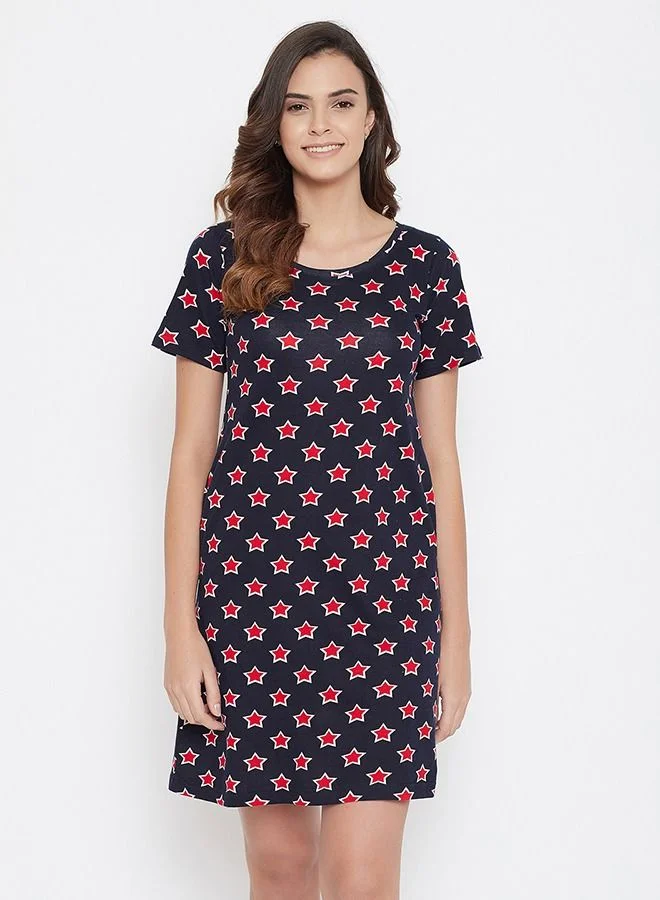 كلوفيا Clovia Star Print Short Nightdress in Navy - 100% Cotton
