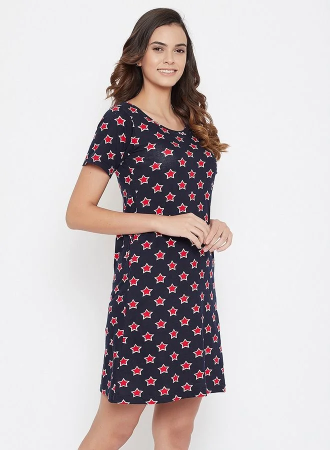 كلوفيا Clovia Star Print Short Nightdress in Navy - 100% Cotton