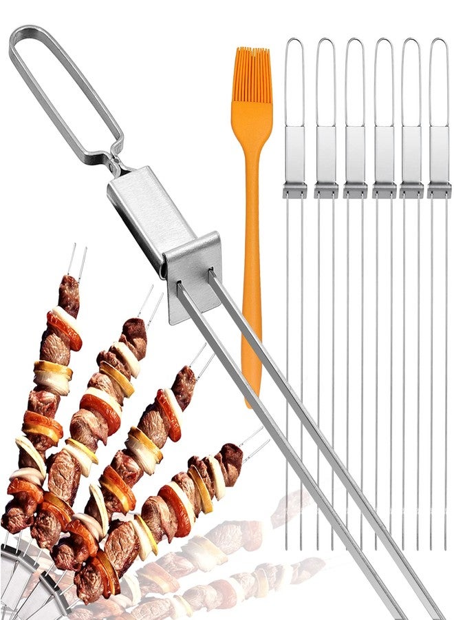 Lucalda Skewers for Grilling- 17" Long Double Pronged BBQ Skewers with Push Bar- Shish Kabob Skewers - Stainless Steel Skewer Sticks for Camping or family - Reusable Skewers - 6 Pack - Image 1