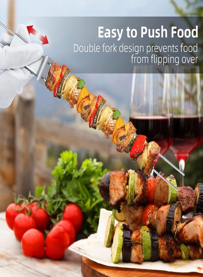 Lucalda Skewers for Grilling- 17" Long Double Pronged BBQ Skewers with Push Bar- Shish Kabob Skewers - Stainless Steel Skewer Sticks for Camping or family - Reusable Skewers - 6 Pack - Image 2