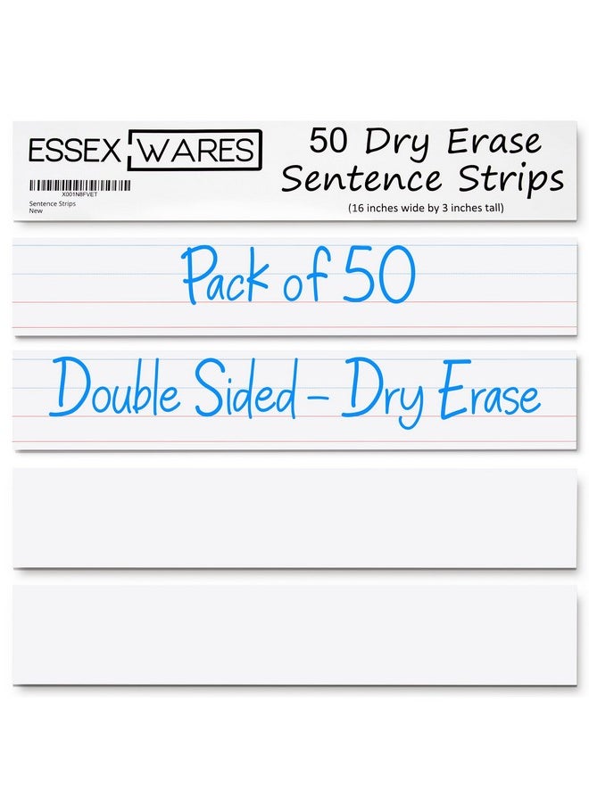 Essex Wares Essex Wares - 50 Pack, 16" Wide x 3" Tall Dry Erase Sentence Strips - Sentence Strips Cardstock - Reusable & Double Sided (Ruled & Blank) White Sentence Strips for The Classroom, Home, Office  - Image 1