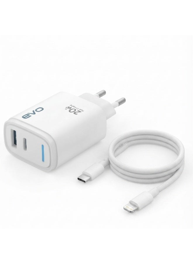 EVO-C02 20W Fast Wall Charger with USB-C Power Delivery and USB Port, Type-C to Lightning Cable Included, Dual Port Quick Charging Adapter, PD Charger Block for iPhone Devices, iPad, AirPods and Lightning Compatible Accessories - Image 1