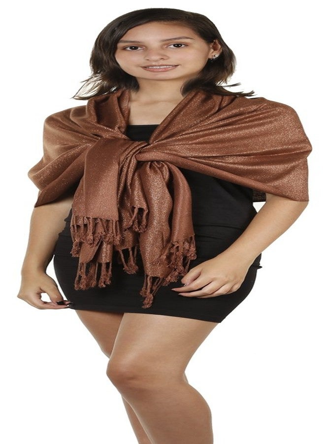 Gilbins Womens Silky&Soft Large Metallic Glittery Shiny Pashmina Shawl Wrap Scarves 72"x28" (Brown) - Image 1