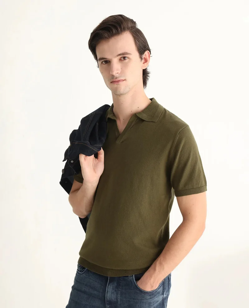Rare Rabbit Rare Rabbit Men's Teny Olive Cotton Blend Fabric Half Sleeve Spread Collar Regular Fit Plain Polo