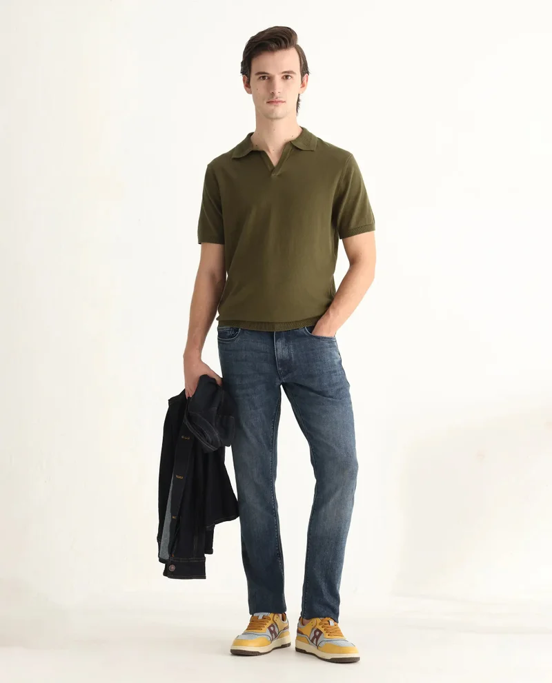 Rare Rabbit Rare Rabbit Men's Teny Olive Cotton Blend Fabric Half Sleeve Spread Collar Regular Fit Plain Polo
