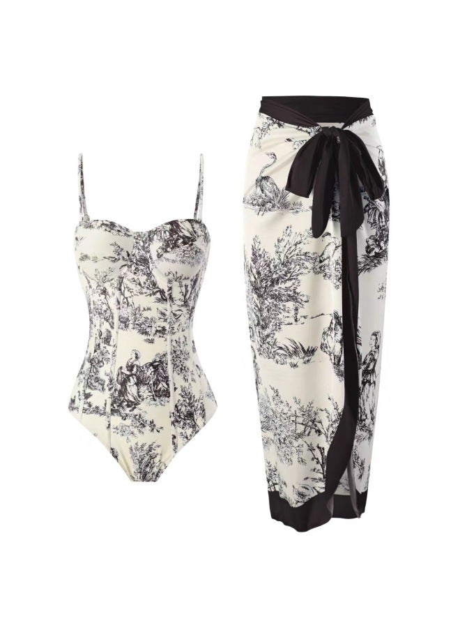 Loquat 2024 European And American Style Swimsuit Women's Tight-fit Slim-fit French Style Retro Sunscreen Long Dress Two-piece Hot Spring Swimsuit-Color:gauze Skirt- - Image 5