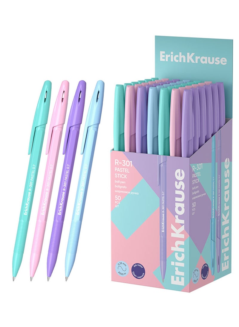 ErichKrause 50-Piece R-301 Spring Stick Ballpoint Pen 0.7mm Blue Ink Pastel Barrel Colours - Image 1