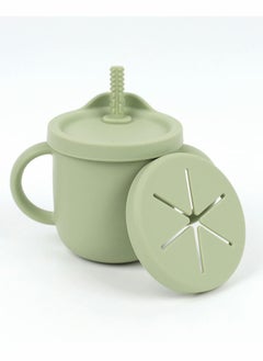 Excefore Toddler Sippy Cup with Lid, Kids Snack Container 2-in-1, Silicone Snack Catcher with Removable Scale, Kids Water Bottle with Straw 8.5 oz (Olive Green)  - Image 1