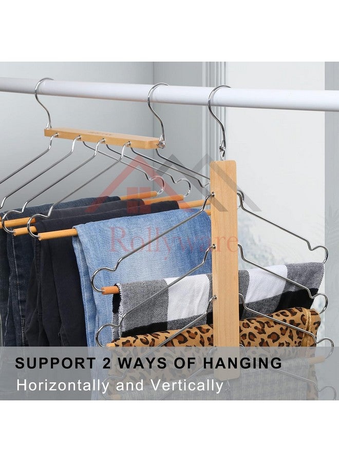 ROLLYWARE® 4 Layer Folding Wooden Pants Hanger Space Saving with 180 Degree Rotation Chrome-Plated Clothes Hook Wooden Hangers-Non Slip Multi-Layer Hangers Space Saving (1, Natural Wood) - Image 3